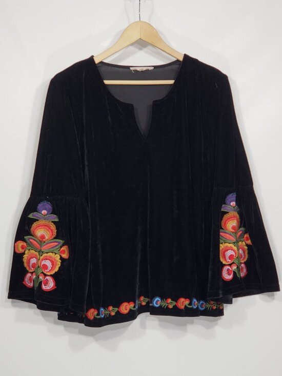 Solitaire Tops - Solitaire Burnout Black Velvet Embroidered Blouse Bell Sleeves Cottage Boho
